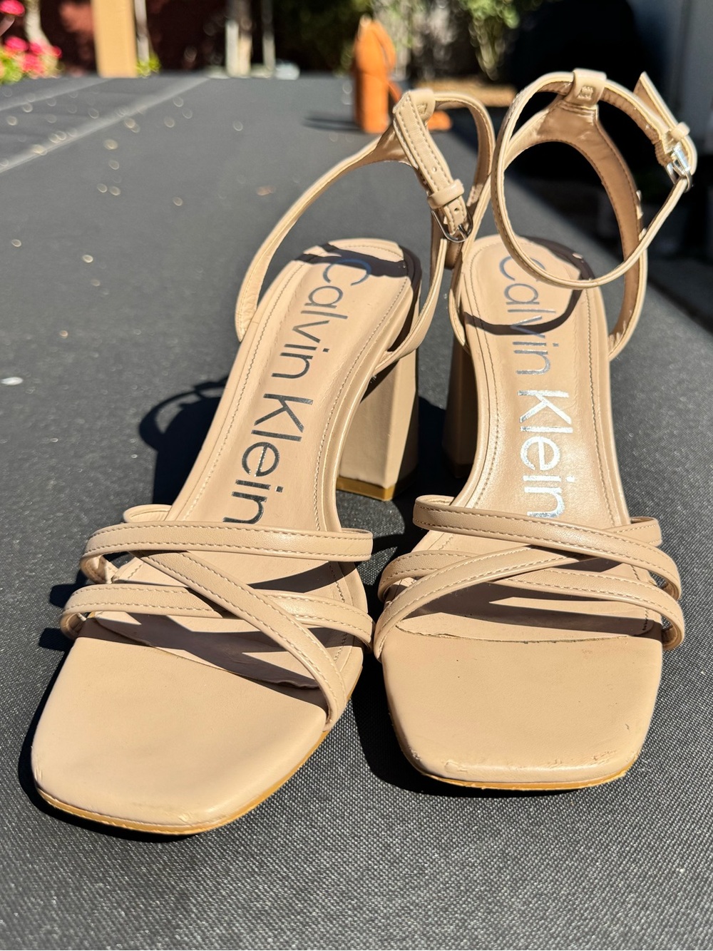 Calvin Klein Beige Strappy Block Heel Sandals